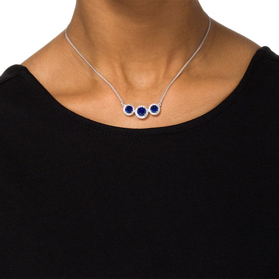 Lab-Created Blue and White Sapphire Frame Three Stone Bolo Necklace in Sterling Silver - 30"