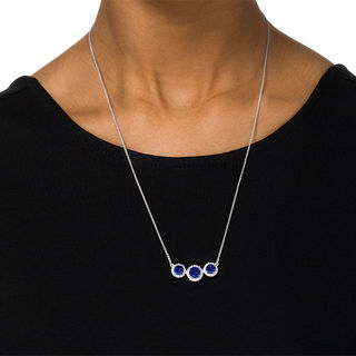 Lab-Created Blue and White Sapphire Frame Three Stone Bolo Necklace in Sterling Silver - 30"