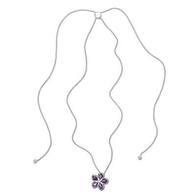 Pear-Shaped Amethyst and Lab-Created White Sapphire Flower Bolo Pendant in Sterling Silver - 30"