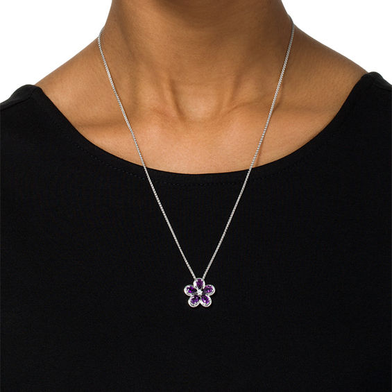 Pear-Shaped Amethyst and Lab-Created White Sapphire Flower Bolo Pendant in Sterling Silver - 30"