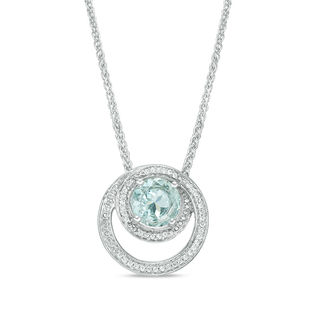 7.5mm Aquamarine and 0.09 CT. T.W. Diamond Swirling Frame Bolo Pendant in Sterling Silver - 30"