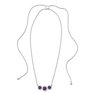 Amethyst and Lab-Created White Sapphire Frame Three Stone Bolo Necklace in Sterling Silver - 30"