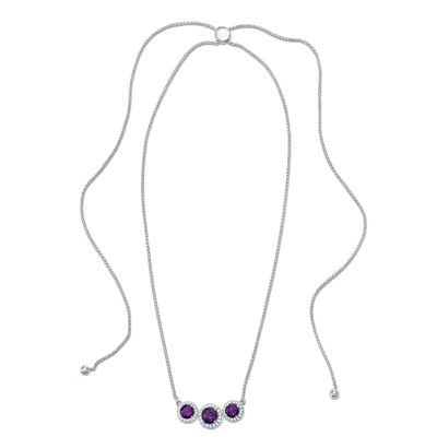 Amethyst and Lab-Created White Sapphire Frame Three Stone Bolo Necklace in Sterling Silver - 30"