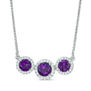 Amethyst and Lab-Created White Sapphire Frame Three Stone Bolo Necklace in Sterling Silver - 30"