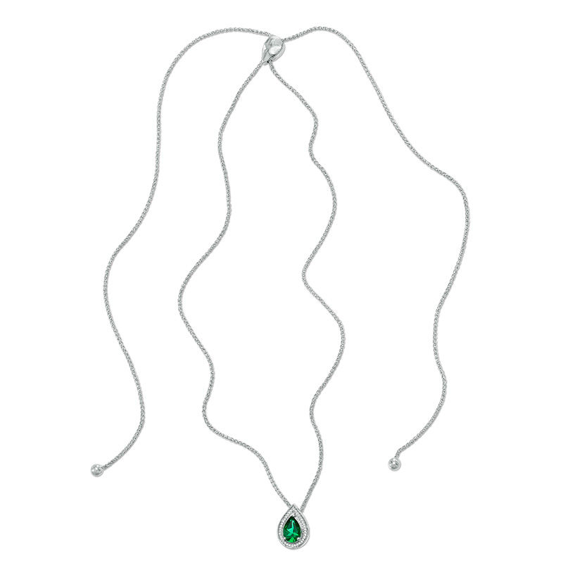 Pear-Shaped Lab-Created Emerald and Diamond Accent Frame Bolo Pendant in Sterling Silver - 30"|Peoples Jewellers