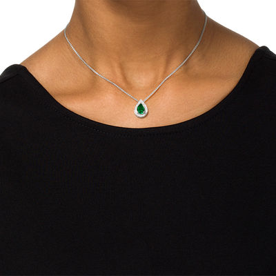 Pear-Shaped Lab-Created Emerald and Diamond Accent Frame Bolo Pendant in Sterling Silver - 30"