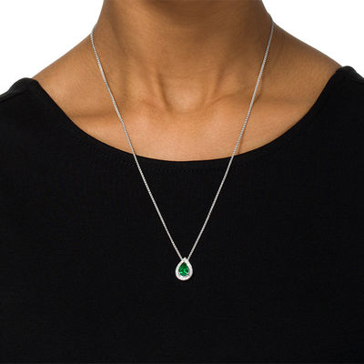 Pear-Shaped Lab-Created Emerald and Diamond Accent Frame Bolo Pendant in Sterling Silver - 30"