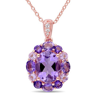 Oval and Round Amethyst with White Topaz Frame Pendant in Sterling Silver with Rose Rhodium