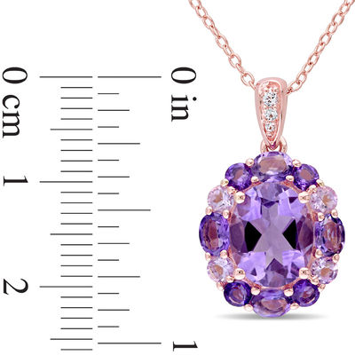 Oval and Round Amethyst with White Topaz Frame Pendant in Sterling Silver with Rose Rhodium