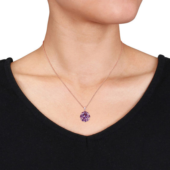 Oval and Round Amethyst with White Topaz Frame Pendant in Sterling Silver with Rose Rhodium