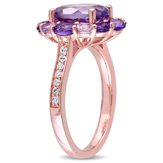 Oval and Round Amethyst with White Topaz Frame Ring in Sterling Silver with Rose Rhodium