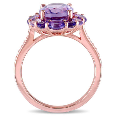 Oval and Round Amethyst with White Topaz Frame Ring in Sterling Silver with Rose Rhodium