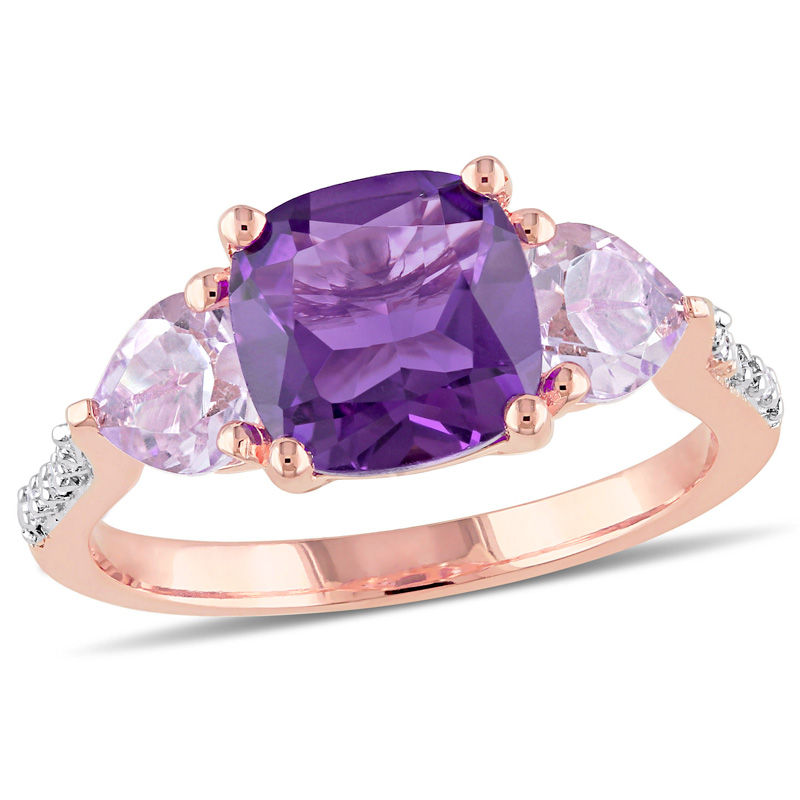 Amethyst and Diamond Accent Three Stone Ring in Sterling Silver with Rose Rhodium|Peoples Jewellers