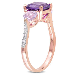 Amethyst and Diamond Accent Three Stone Ring in Sterling Silver with Rose Rhodium