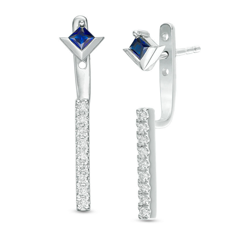 Vera Wang Love Collection Blue Sapphire and 0.18 CT. T.W. Diamond Stud Earrings with Drop Jackets in Sterling Silver|Peoples Jewellers