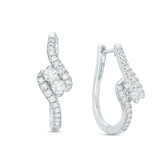 Ever Us™ CT. T.W. Two-Stone Diamond Bypass Hoop Earrings in 14K White Gold