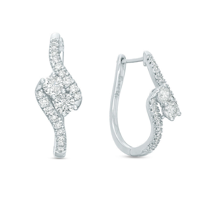 Main Image 1 of Ever Us™ 1.45 CT. T.W. Two-Stone Diamond Bypass Hoop Earrings in 14K White Gold