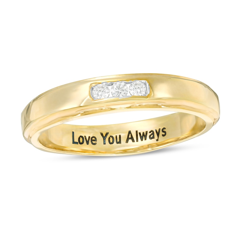 Main Image 1 of Men's 1/10 CT. T.W. Diamond Three Stone Wedding Band in 10K Gold (1 Line)