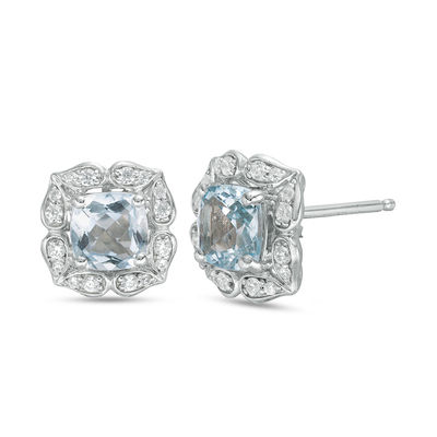 5.0mm Cushion-Cut Aquamarine and Lab-Created White Sapphire Flower Frame Stud Earrings in Sterling Silver