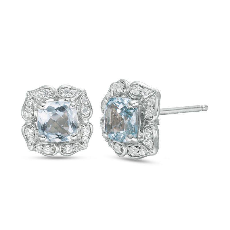 5.0mm Cushion-Cut Aquamarine and Lab-Created White Sapphire Flower Frame Stud Earrings in Sterling Silver