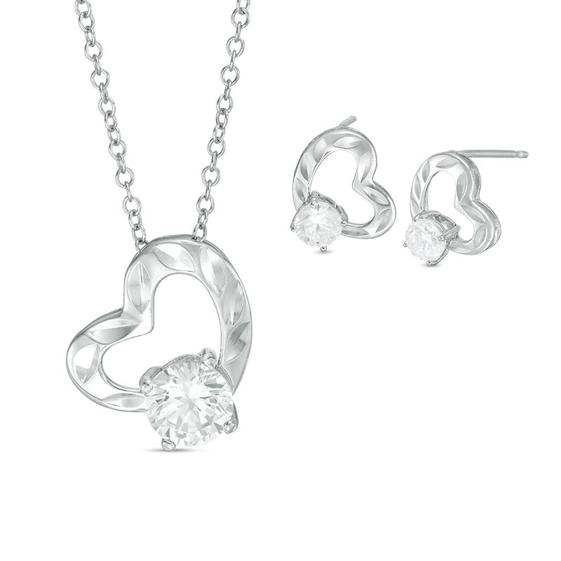 Lab-Created White Sapphire Diamond-Cut Heart Pendant and Stud Earrings Set in Sterling Silver