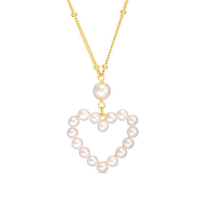 3.0-5.0mm Freshwater Cultured Pearl Heart Outline Necklace in Sterling Silver with 18K Gold Plate