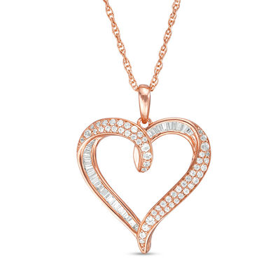 Baguette and Round Lab-Created White Sapphire Looping Heart Pendant in Sterling Silver with 14K Rose Gold Plate