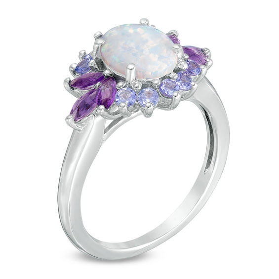 Oval Lab-Created Opal, Amethyst and Tanzanite Floral Ring in Sterling Silver