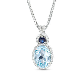 Oval Aquamarine and Lab-Created Blue and White Sapphire Frame Stacked Pendant in 10K White Gold