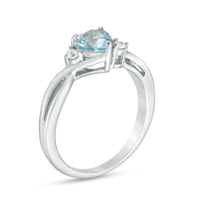 Main Image 2 of 6.0mm Heart-Shaped Aquamarine and Diamond Accent Crossover Split Shank Ring in 10K White Gold