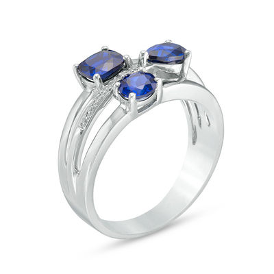 Multi-Shaped Lab-Created Blue Sapphire and Diamond Accent Three Stone Orbit Ring in Sterling Silver