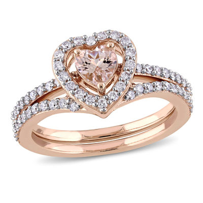 5.0mm Heart-Shaped Morganite and 0.49 CT. T.W. Diamond Frame Bridal Set in 10K Rose Gold