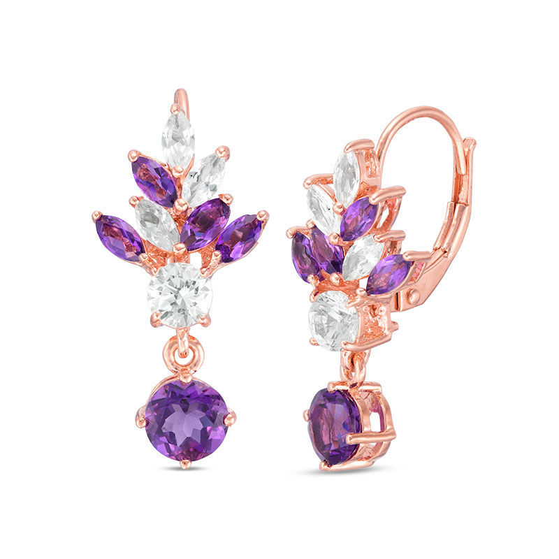 5.0mm Amethyst and Lab-Created White Sapphire Floral Drop Earrings in Sterling Silver with 18K Rose Gold Plate|Peoples Jewellers