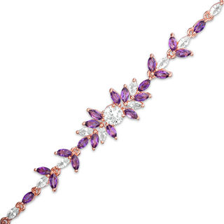 5.0mm Lab-Created White Sapphire and Amethyst Floral Bracelet in Sterling Silver with 18K Rose Gold Plate - 7.25"