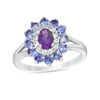 Thumbnail Image 0 of Oval Amethyst, Tanzanite and Lab-Created White Sapphire Double Floral Frame Ring in Sterling Silver