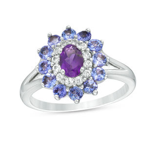 Oval Amethyst, Tanzanite and Lab-Created White Sapphire Double Floral Frame Ring in Sterling Silver