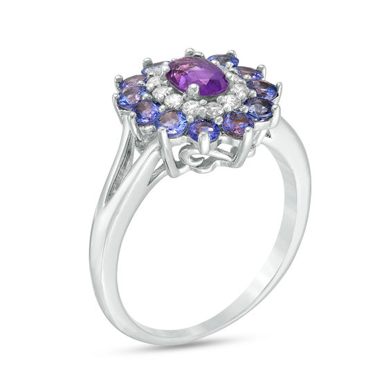 Oval Amethyst, Tanzanite and Lab-Created White Sapphire Double Floral Frame Ring in Sterling Silver