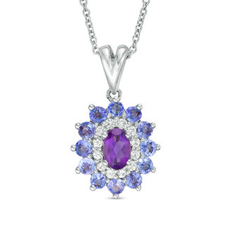 Oval Amethyst, Tanzanite and Lab-Created White Sapphire Double Floral Frame Pendant in Sterling Silver