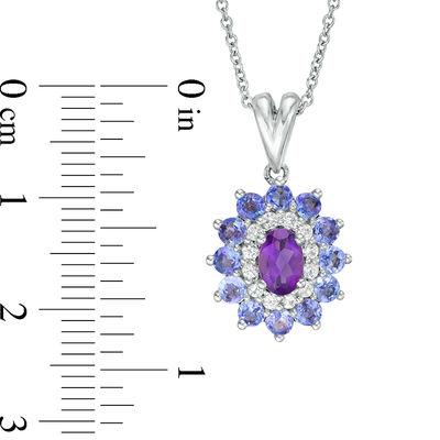 Oval Amethyst, Tanzanite and Lab-Created White Sapphire Double Floral Frame Pendant in Sterling Silver