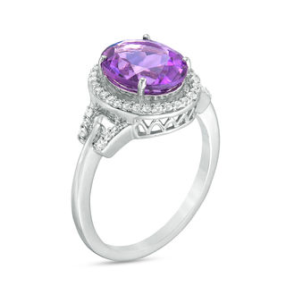 Oval Amethyst and Lab-Created White Sapphire Frame Buckle Ring in Sterling Silver