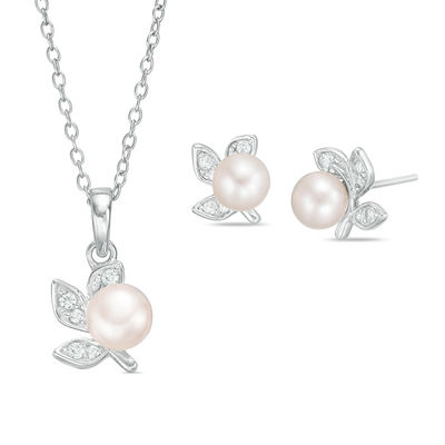 Freshwater Cultured Pearl and Lab-Created White Sapphire Floral Pendant and Stud Earrings Set in Sterling Silver