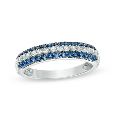 Lab-Created Blue and White Sapphire Triple Row Band in Sterling Silver