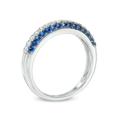 Lab-Created Blue and White Sapphire Triple Row Band in Sterling Silver