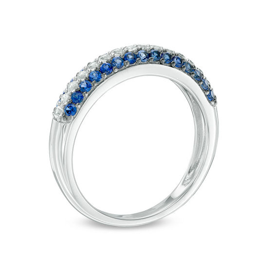 Lab-Created Blue and White Sapphire Triple Row Band in Sterling Silver