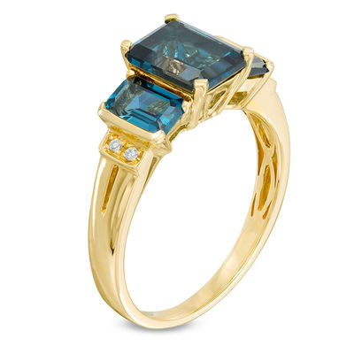 Emerald-Cut London Blue Topaz and Diamond Accent Collar Three Stone Ring in 10K Gold