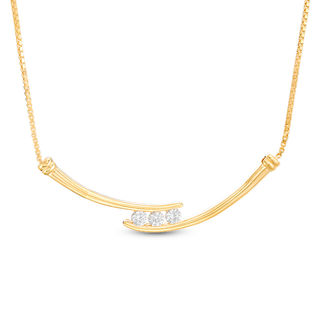 Lab-Created White Sapphire Three Stone Bypass Necklace in Sterling Silver with 14K Gold Plate - 17"