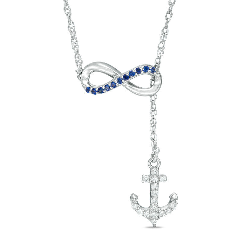 Lab-Created Blue and White Sapphire Infinity with Anchor Lariat-Style Necklace in Sterling Silver - 19"|Peoples Jewellers