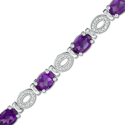 Oval Amethyst and 0.46 CT. T.W. Diamond Open Oval Link Bracelet in Sterling Silver - 7.25"