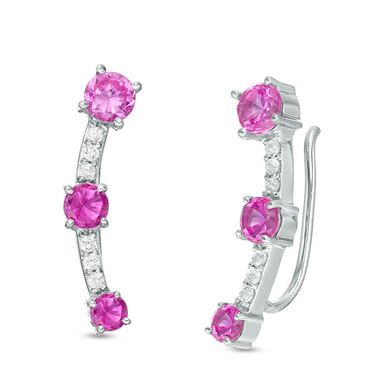 Lab-Created Pink and White Sapphire Three Stone Crawler Earrings in Sterling Silver|Peoples Jewellers