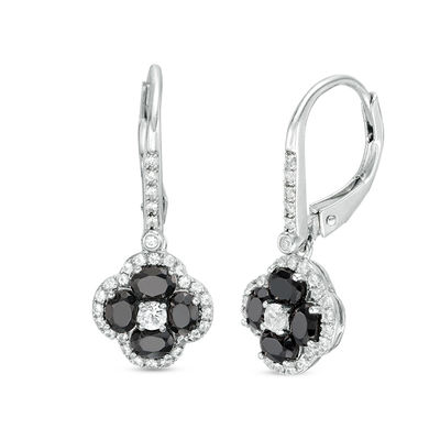 Oval Black Spinel and Lab-Created White Sapphire Frame Clover Drop Earrings in Sterling Silver